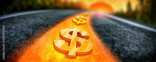 Golden dollar signs glowing along  paved road leading toward  bright sun on the horizon at sunset