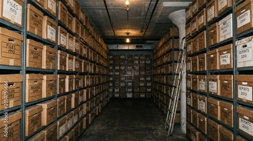 Deep Storage Archive Room with Metal Shelves and Labeled Cardboard Boxes of Historical Records and Documents