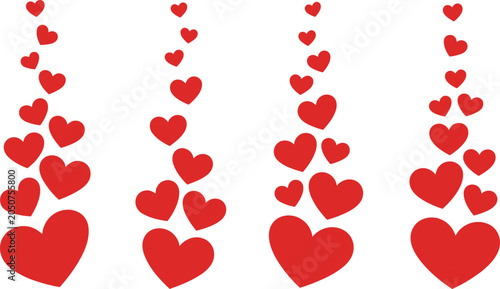 Vibrant red hearts floating upwards in vertical columns on a clean white background, evoking deep romance and joy.