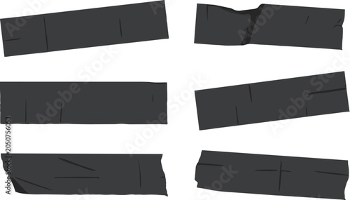Obraz na płótnie Collection of six realistic black adhesive tape strips with wrinkled textures and torn edges isolated on a white background