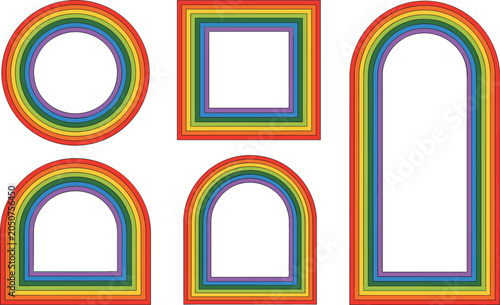 Vibrant set of rainbow colored geometric frames featuring circles and arches isolated on white to evoke joy and inclusivity.