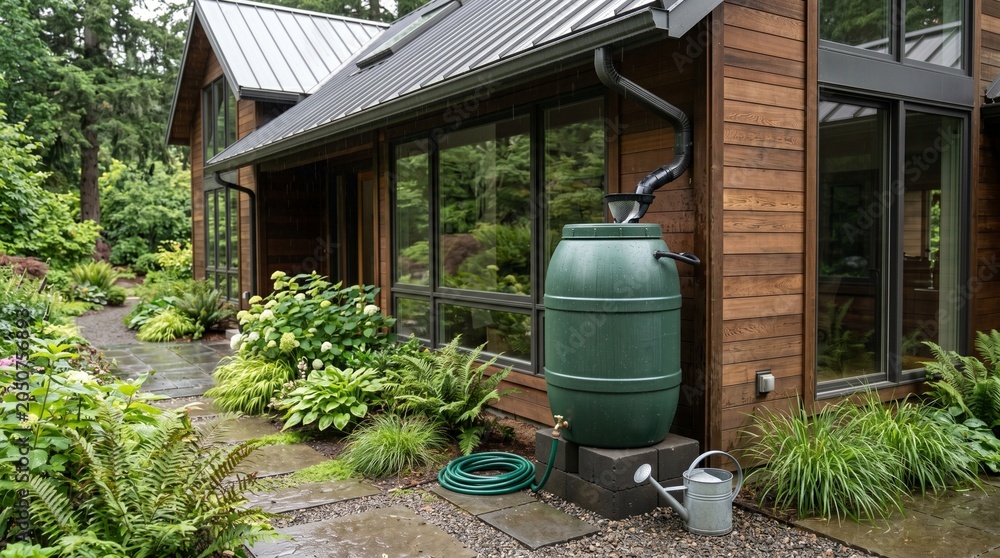Obraz premium Rainwater Harvesting System on Modern Wooden House with Garden