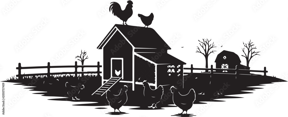 Obraz premium Black and white farm scene with rooster and chickens