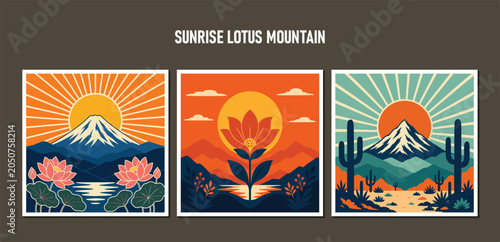 Vintage Sunrise Lotus Mountain Landscape Poster Collection in Retro Vector Style
