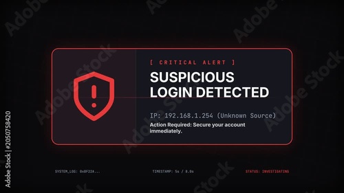 Suspicious login alert notification, Critical security warning message with red shield icon and unknown IP address, Cyber security threat on dark background, symbolizing online safety and protection.