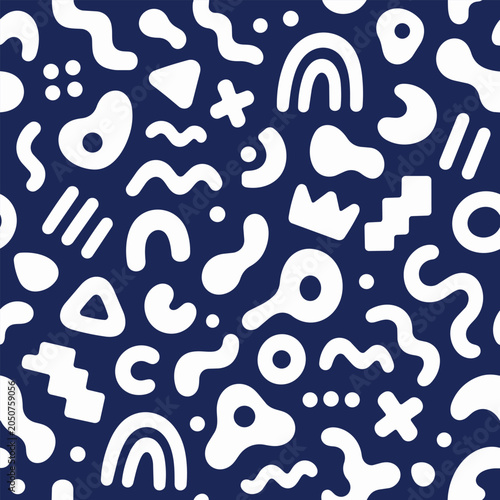 Abstract Memphis Seamless Pattern with Retro Geometric Shapes on Dark Blue Background