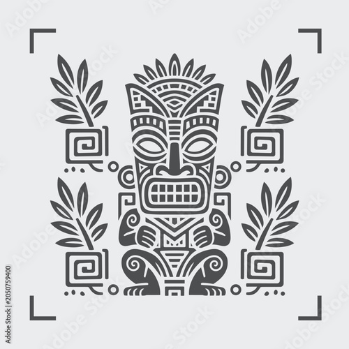 Tribal Tiki Mask Vector Illustration with Polynesian Ethnic Ornament Design