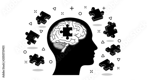Принти на полотні A human head silhouette with a puzzle piece brain surrounded by floating puzzle pieces and symbols represents a conceptual illustration of cognitive function