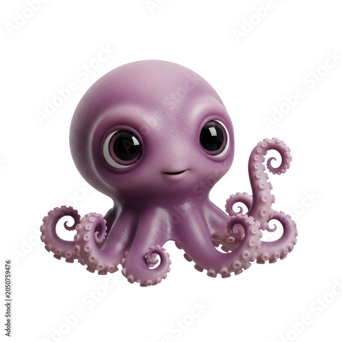 Cute purple baby octopus 3D cartoon character illustration isolated on white.
