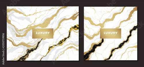 Luxury White Marble Background with Elegant Gold and Black Fluid Veins