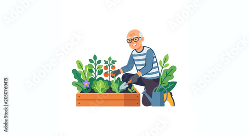 Schilderij op canvas Elderly Man Gardening, Happy Senior Caring for Plants in Raised Garden Bed