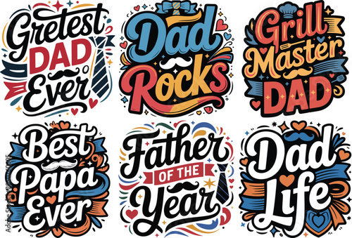 Set of father's day lettering designs with cheerful quotes and decorative elements.