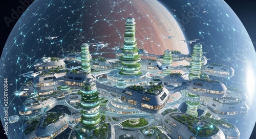 Futuristic Cityscape on Alien Planet with Interstellar Network