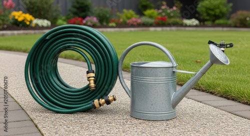 Garden hose and watering can ready for use outdoors