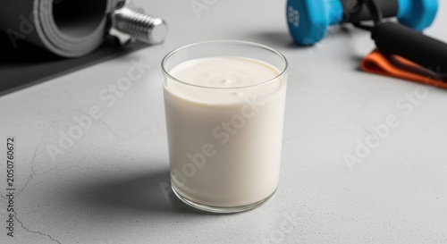 Glass of Protein Shake with Dumbbells
