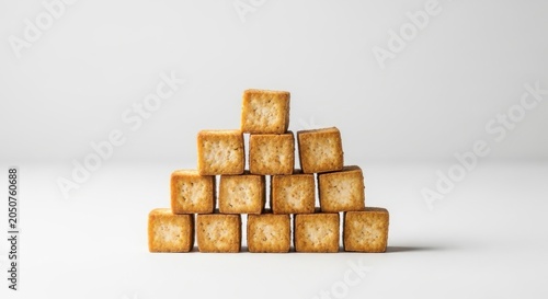 Golden Brown Square Biscuits Stacked in a Pyramid Shape