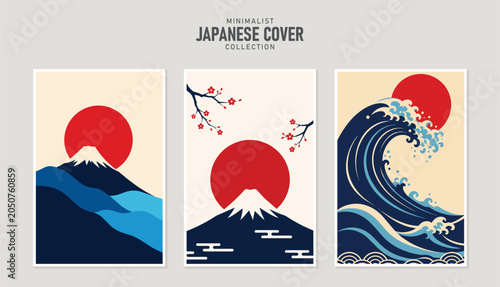 Minimalist Japanese Cover Collection with Mount Fuji Wave and Rising Sun Illustration