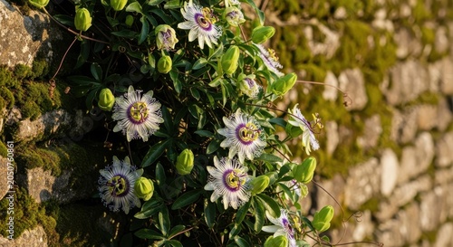 Intricate Passionflowers Blooming on a Verdant Vine