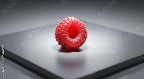 Single Fresh Raspberry Close-Up on Grey Surface