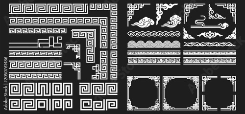 Asian Border Set with Chinese Geometric Patterns and Oriental Corner Frames Vector