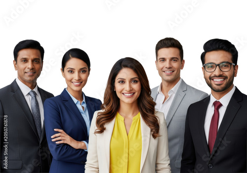 A group of five smiling indian business professionals in suits and blazers against a transparent background shot from chest up teamwork and success concept