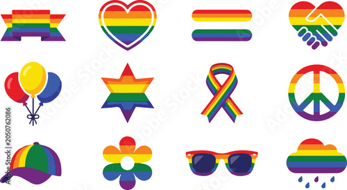 Photography Collection of vibrant rainbow pride icons representing LGBTQ+ symbols and celebr