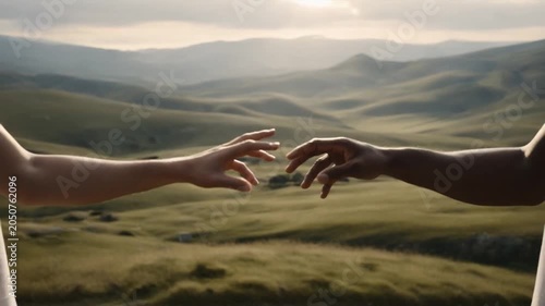 Two Hands Reaching Across Vast Landscape: Two hands, one fair-skinned and one dark-skinned, extend towards each other against a breathtaking backdrop of rolling hills and a luminous sky.