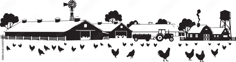 Naklejka premium Black and white farm scene with tractor and chickens barn des