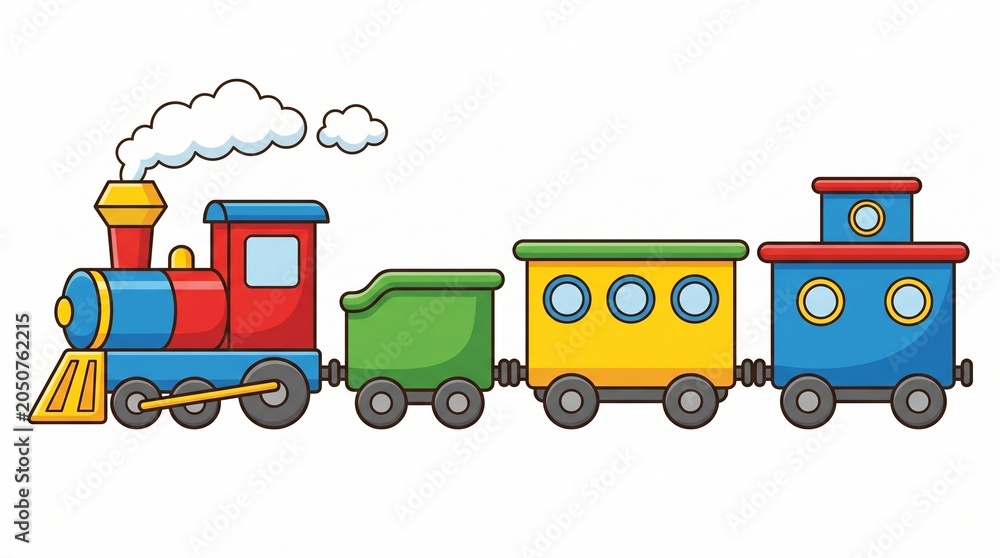 Naklejka premium Colorful Cartoon Toy Train with Engine and Carriages