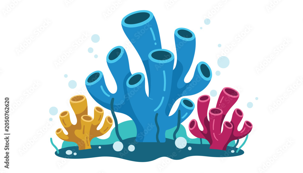 Obraz premium Vibrant underwater scene featuring large blue tube corals surrounded by smaller pink and yellow coral formations in a clear ocean.