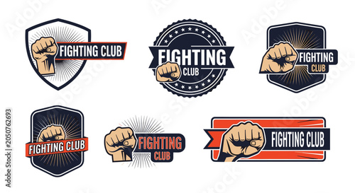 Collection of fighting club logos and badges featuring a clenched fist and powerful graphics on different shield shapes.