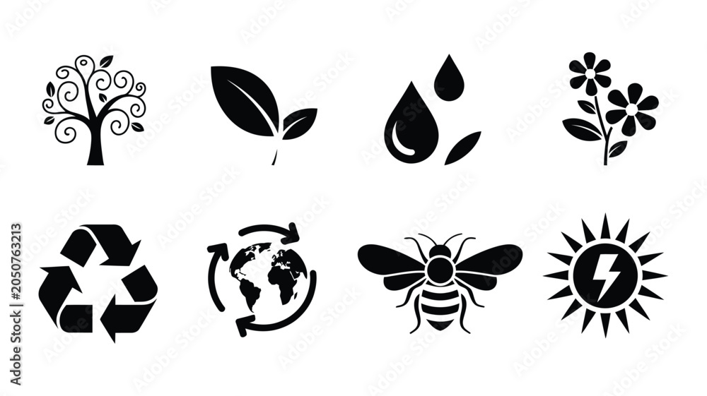 Fototapeta premium Eco Friendly Icon Set featuring tree leaf water drop flower recycle globe bee and sun energy symbols, nature conservation graphics, sustainability vector illustration elements