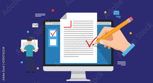 Online education concept illustrating a digital exam or survey on a computer screen with a student holding a certificate and a hand checking boxes.