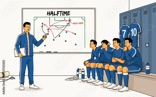 Foto Soccer coach drawing halftime tactics on whiteboard for players in locker room v