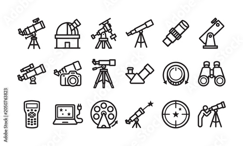 Obraz na płótnie Astronomy and stargazing equipment icons set for amateur and professional telescopes