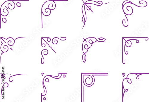 Collection of ornate purple design elements and borders