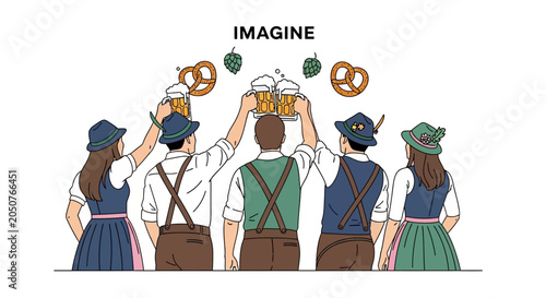 Photos Group of friends in traditional Bavarian clothing toasting with beer mugs