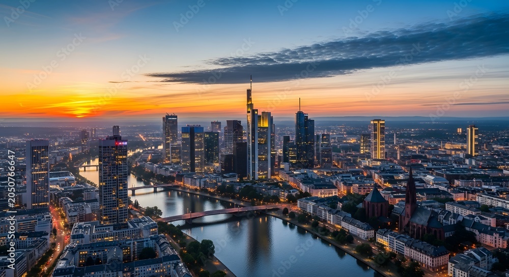 Fototapeta premium Panoramic high angle city skyline frankfurt business district twilight sunset