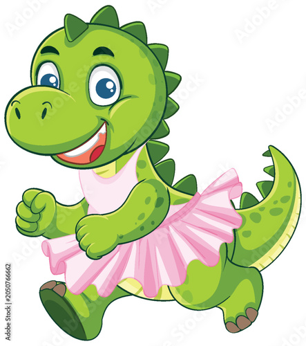 Smiling Cartoon Dinosaur Dancing in Pink Tutu Skirt