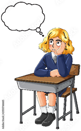 Daydreaming Schoolgirl Sitting Alone at Classroom Desk