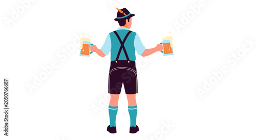 Photos A man in traditional Bavarian clothing holding two beer mugs.