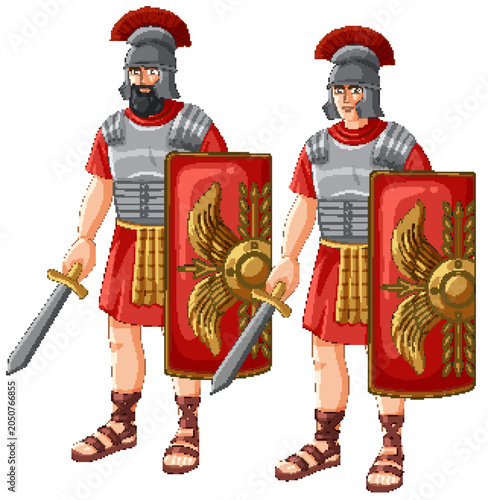 Two Roman Legionary Soldiers Standing with Swords and Shields Vector Illustra...