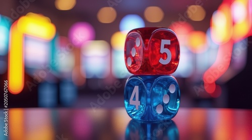Red and blue dice stacked on a reflective surface with a colorful blurred light background