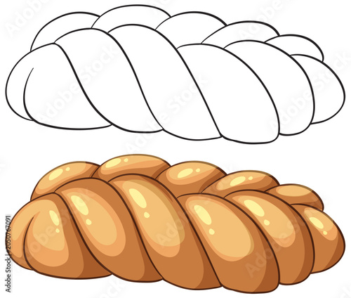 Braided Bread Loaf Vector Illustration in Color and Line Art