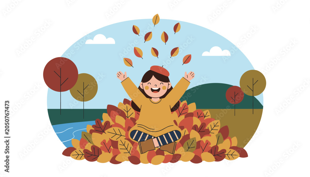 Naklejka premium Happy young girl sitting in a large pile of colorful autumn leaves and throwing them into the air in a beautiful park.
