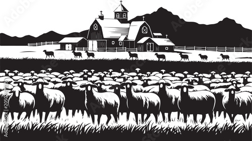Black and white of sheep in a field with a barn flock farm