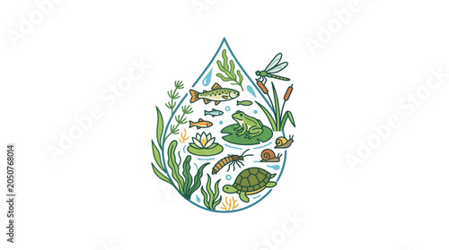 Cuadro en lienzo Pond Ecosystem Illustration: Water Drop with Aquatic Life and Plants