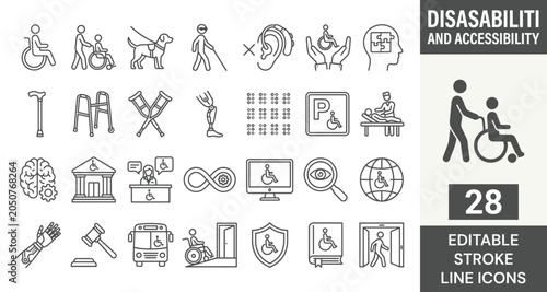 Disability and accessibility line icon set featuring inclusion, mobility, handicap, wheelchair, assistive, diversity, medical. Professional editable vector illustration for inclusive web and UI UX des