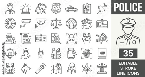 Bild auf Leinwand Police line icon set featuring law enforcement, security, protection, officer, investigation, arrest, and justice
