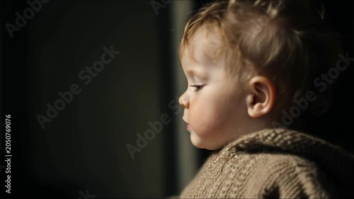 Pensive Toddler in Warm Light: A close-up portrait of a young toddler, seen in profile, with a thoughtful expression as gentle sunlight illuminates their face and cozy knit sweater.